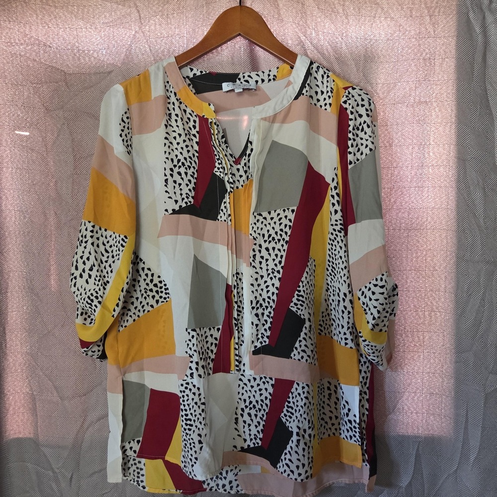Chaus Blouse Womens S Multicolor Geometric 3/4 Sleeve Round Neck Tunic Top